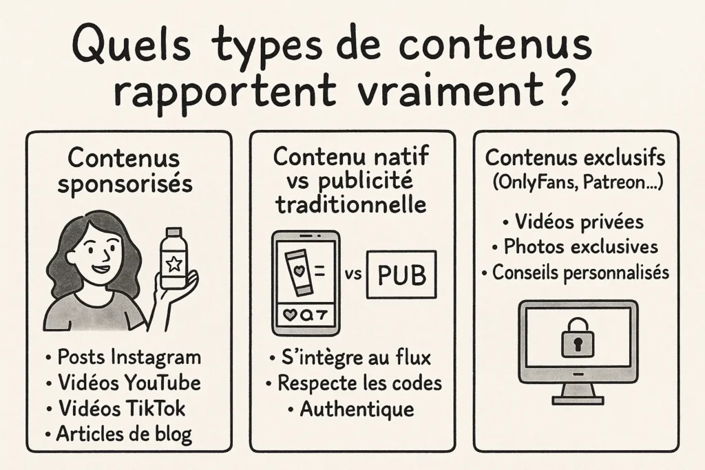 L’image est une infographie dessinée à la main, divisée en trois blocs. Elle montre les trois types de contenus les plus rentables pour les influenceurs : les contenus sponsorisés (illustration d’une femme tenant un produit), le contenu natif comparé à la publicité classique (illustration d’un smartphone vs une bannière PUB), et les contenus exclusifs payants (avec un écran et un cadenas). Chaque bloc contient des exemples clairs sous forme de liste