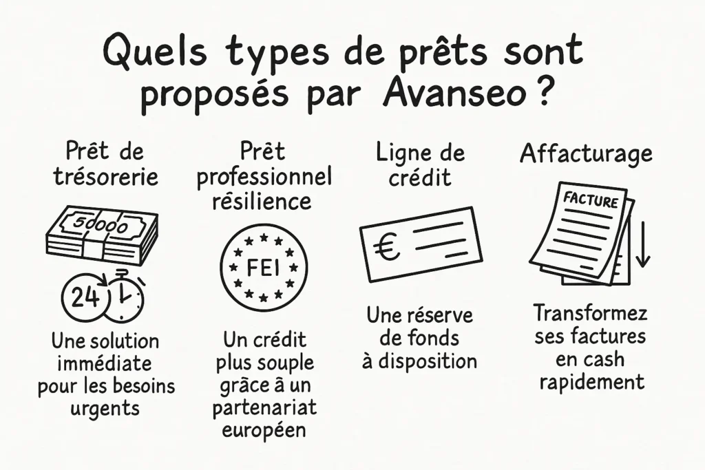 Pour les malvoyants : l’image présente quatre types de prêts proposés par Avanseo, chacun avec une icône illustrative et une phrase descriptive. Le prêt de trésorerie est lié à l’urgence, le prêt résilience bénéficie d’un soutien européen, la ligne de crédit offre une réserve flexible, et l’affacturage transforme les factures en liquidités rapidement