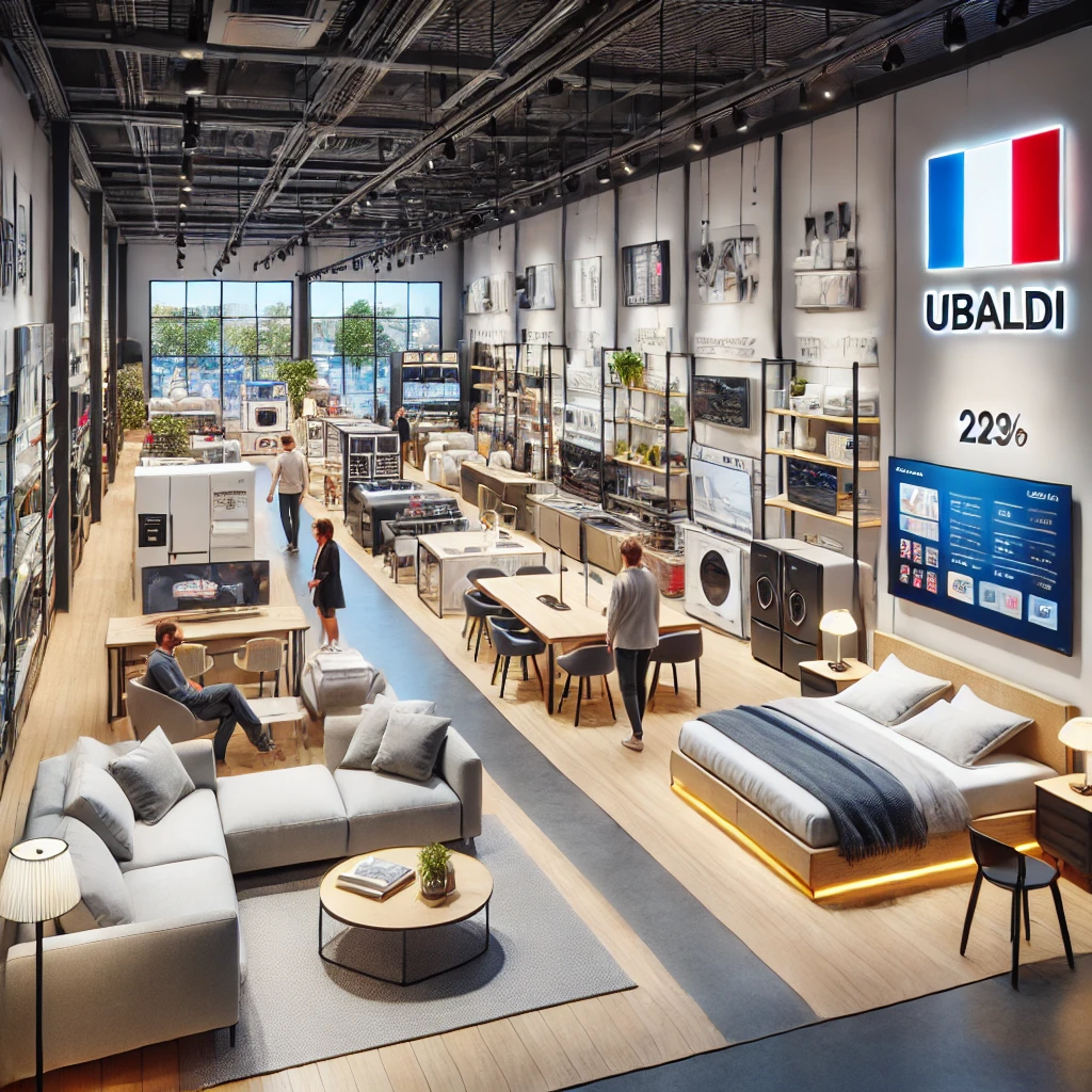 Un showroom lumineux et bien organisé, présentant les différents univers de la maison : électroménager, high-tech, literie et ameublement. Le logo "Ubaldi" est visible en fond, avec une ambiance moderne et accueillante. Des clients flânent dans les rayons, renforçant le côté accessible et convivial du magasin.
