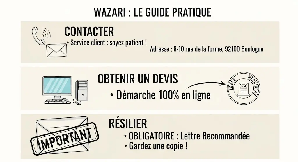 Infographie de style croquis, présentant un guide pratique en trois étapes pour interagir avec l'assurance Wazari. La première partie explique comment contacter le service client ; la seconde montre que l'obtention d'un devis se fait en ligne. La dernière section, mise en évidence, détaille la procédure de résiliation et insiste sur l'envoi d'une lettre recommandée.