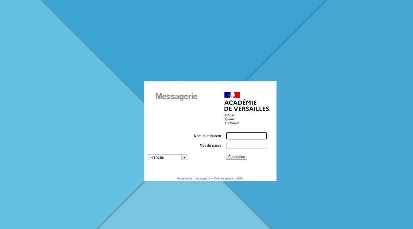 L'image montre l'écran de connexion du Webmail de l'Académie de Versailles sur un fond bleu avec des formes géométriques. Au centre, un encadré blanc affiche le logo de l'Académie de Versailles, accompagné de la devise "Liberté, Égalité, Fraternité". En dessous, deux champs permettent de saisir un nom d'utilisateur et un mot de passe, suivis d'un bouton "Connexion", ainsi qu'un lien vers l'assistance messagerie en cas de problème.