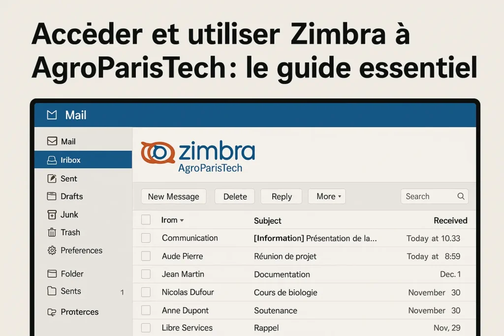 Capture d’écran de la messagerie Zimbra utilisée à AgroParisTech, avec le titre "Accéder et utiliser Zimbra à AgroParisTech : le guide essentiel" en haut. On y voit la boîte de réception ouverte, une colonne de navigation à gauche, et plusieurs e-mails affichés au centre. L’interface présente une mise en page claire, avec des boutons visibles pour écrire, supprimer ou répondre à un message