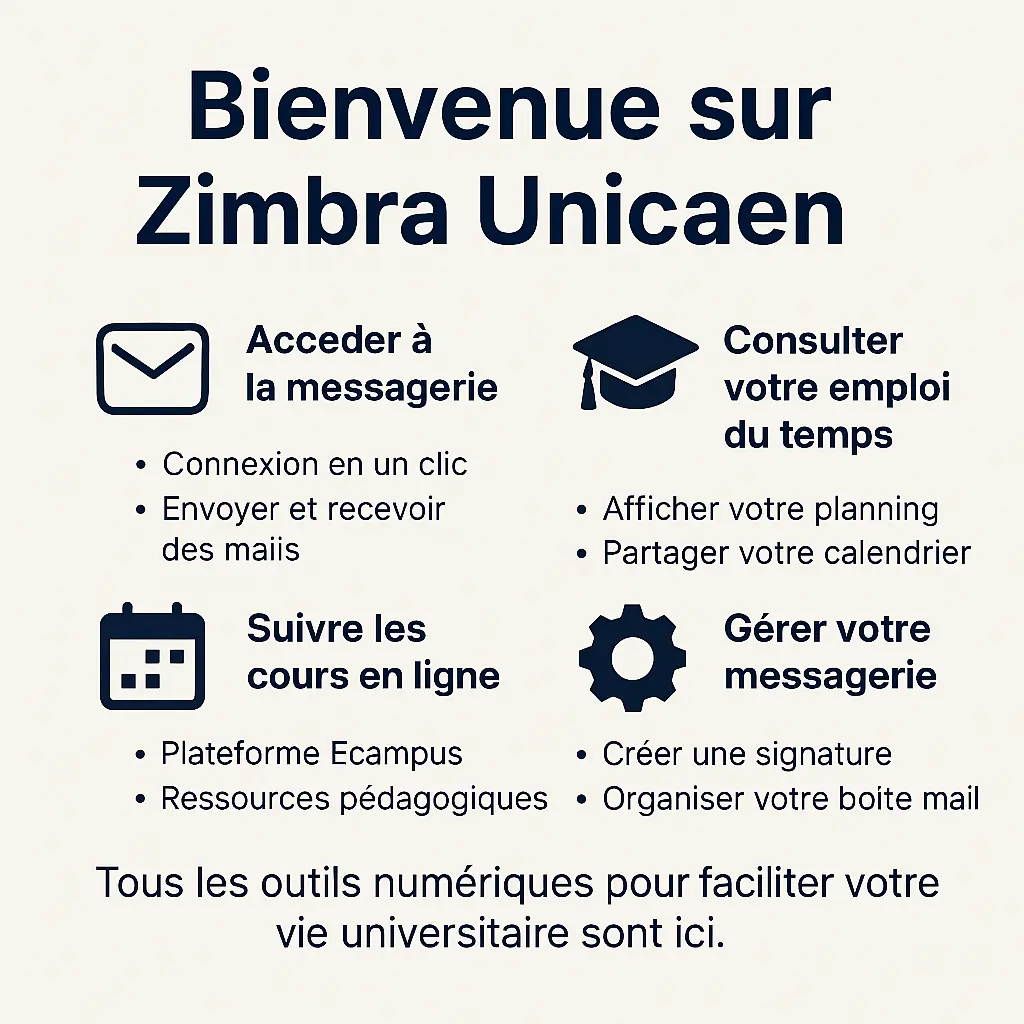 L’image présente une page d’information claire sur la plateforme Zimbra utilisée à l’Université de Caen. Elle montre quatre sections illustrées par des icônes : messagerie, emploi du temps, cours en ligne, et accès mobile. En bas, un encart rappelle que cette plateforme facilite la vie étudiante au quotidien.